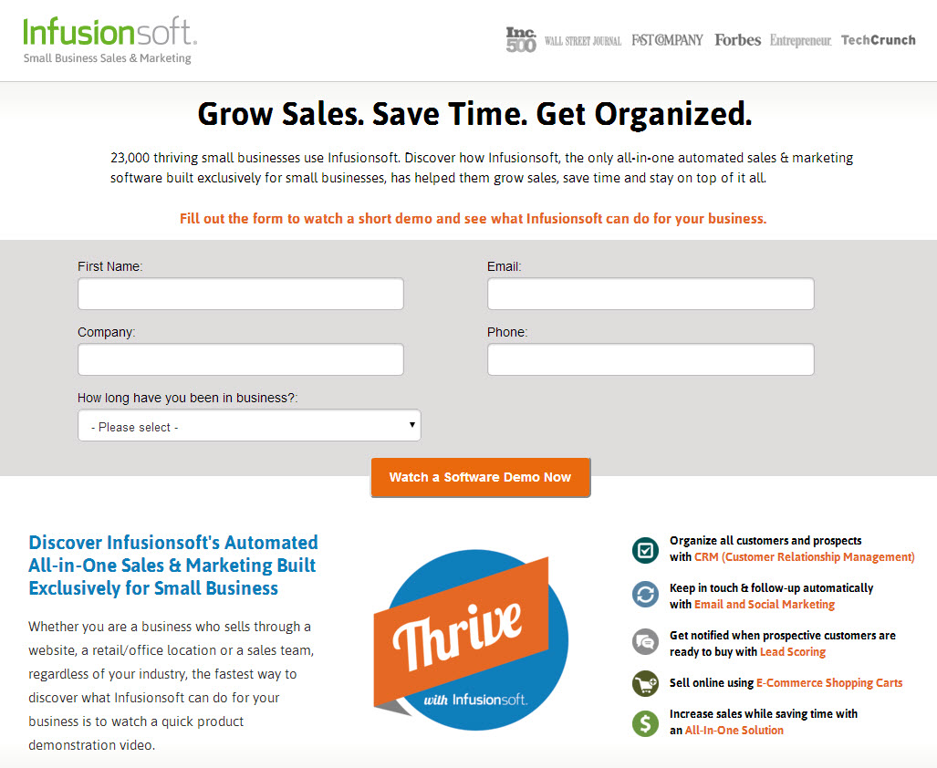 The landing page from InfusionSoft focuses on delivering information quickly and directly. There is as little room for imagination and emotion as when selling vacuums.